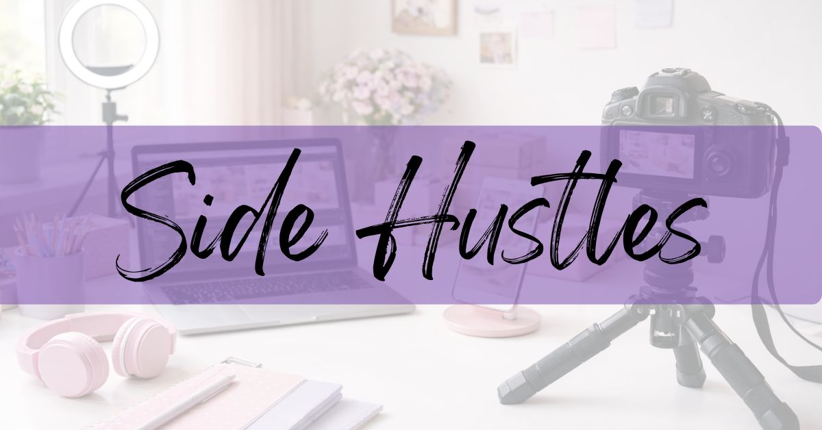 Side hustles pillar image laptop, ring light, camera and tripod