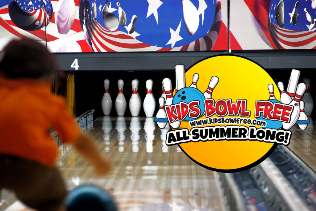 Kids Bowl Free Program kids rolling a bowling bowl down the lane