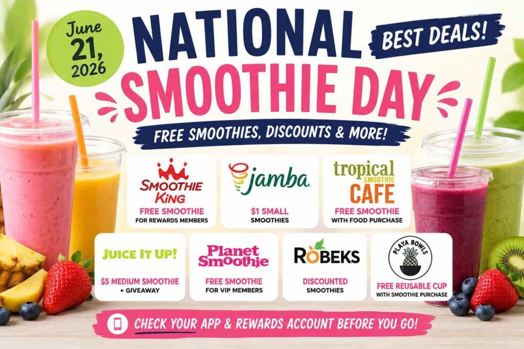 National Smoothie Day Deals 2026 infographic
