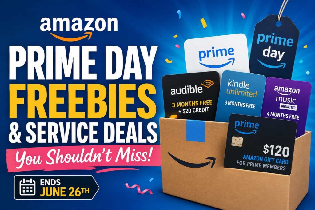 Amazon Prime Day 2026 freebies and service deals including Audible, Kindle Unlimited, Amazon Music Unlimited, and a $120 Amazon gift card for Prime members, ending June 26th.