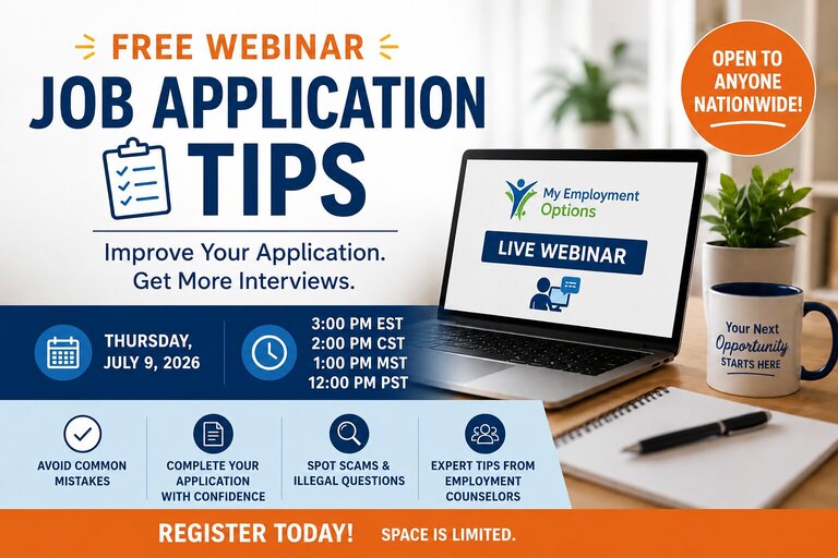 Featured image promoting a free Job Application Tips webinar on July 9, 2026, hosted by My Employment Options for job seekers