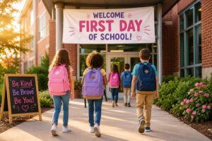 Kids walking into school under a "Welcome First Day of School" banner