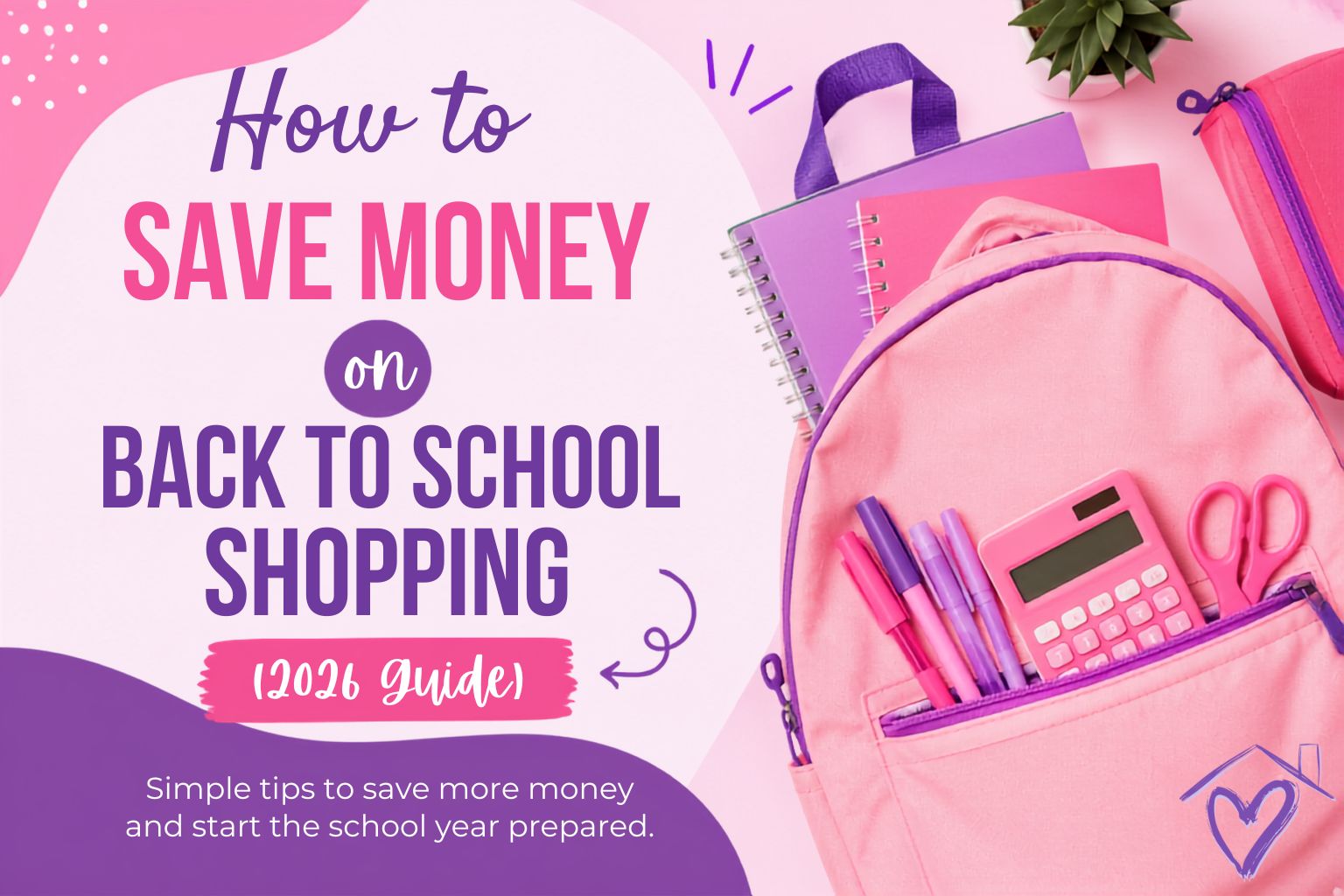 Backpack stuffed with pencils, pens, scissors, and a calculator with text overlay reading "How to Save Money on Back to School Shopping"