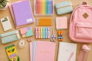 Table full of school supplies including notebooks, pencils, and folders organized for back to school shopping