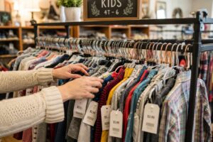 Woman browsing a thrift store clothing rack to build an affordable wardrobe