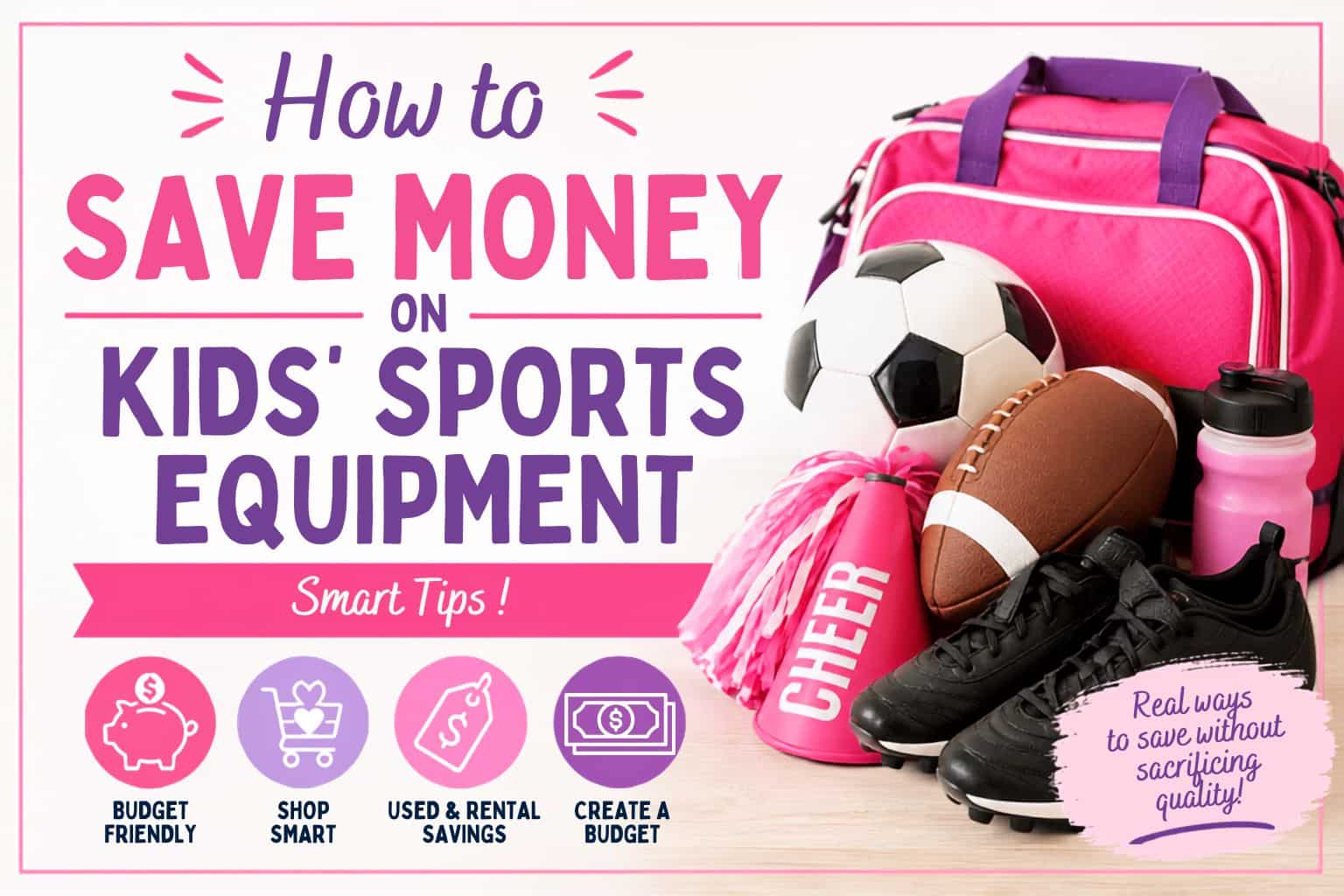 How to save money on kids sports equipment graphic with soccer ball, football, cheer pom, cleats, and gear bag