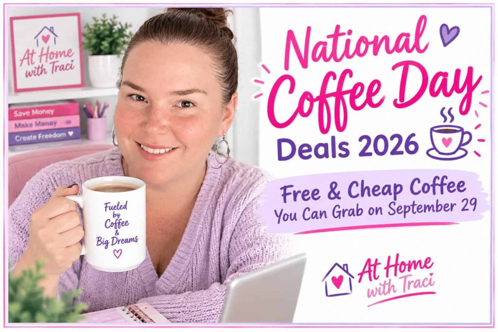 Traci holding a cup of coffee for National Coffee Day Deals 2026
