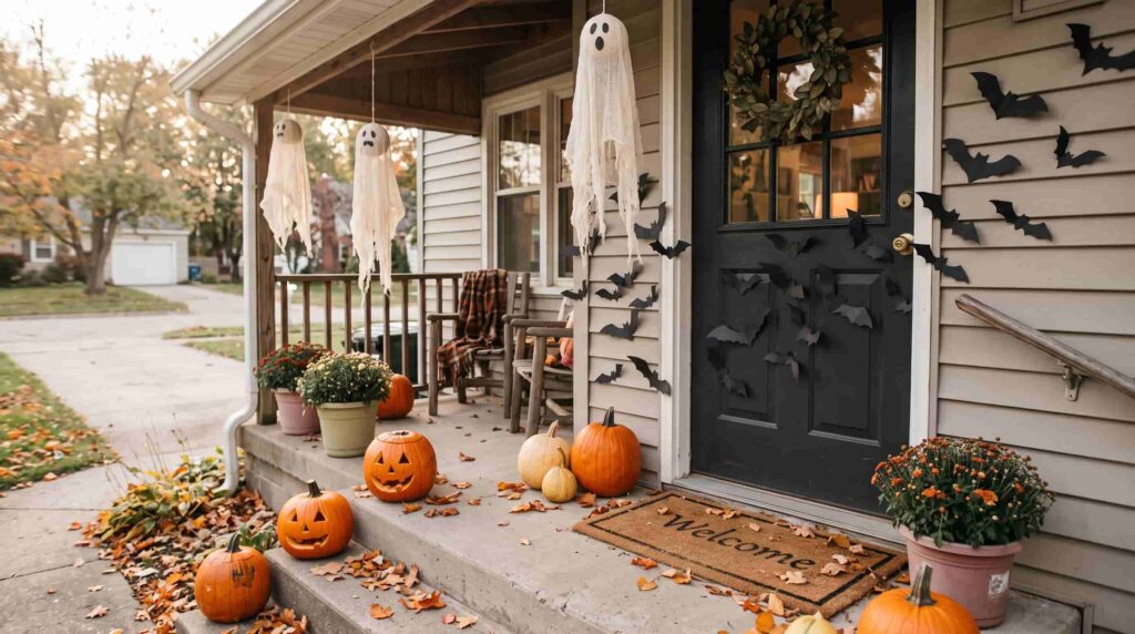 Halloween front porch decorated with pumpkins, a hanging ghost, and bats