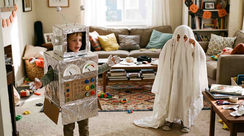 Homemade ghost and robot Halloween costumes displayed in a living room