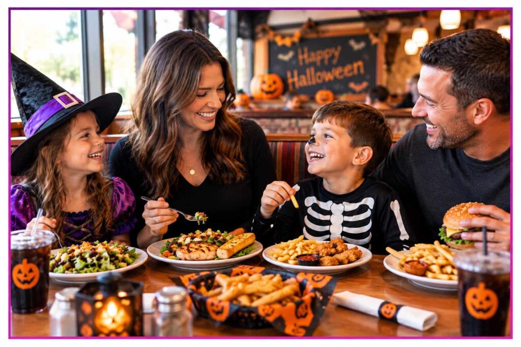 Family enjoying a restaurant meal together with the children dressed in Halloween costumes