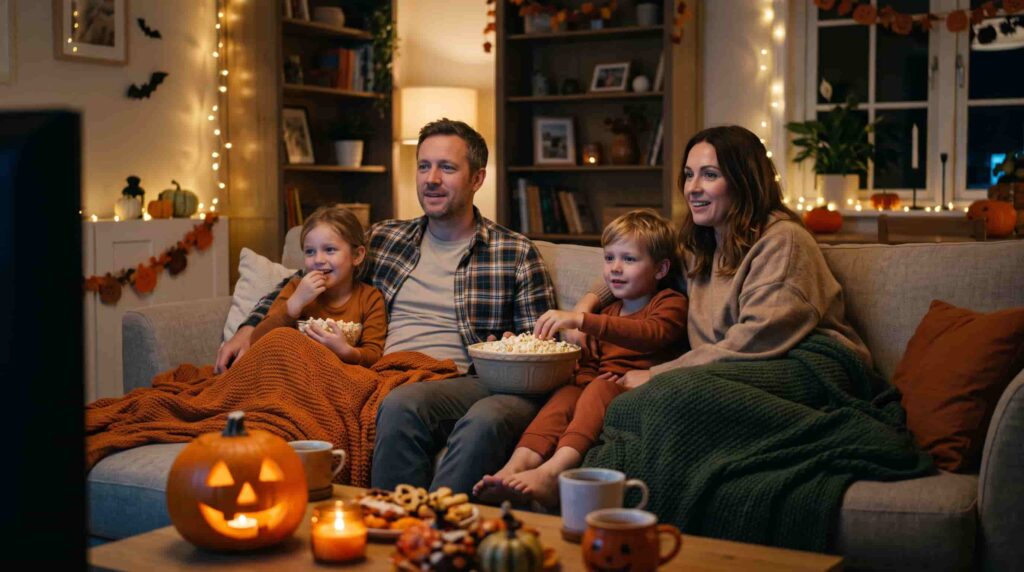 Family watching a Halloween movie together on the couch