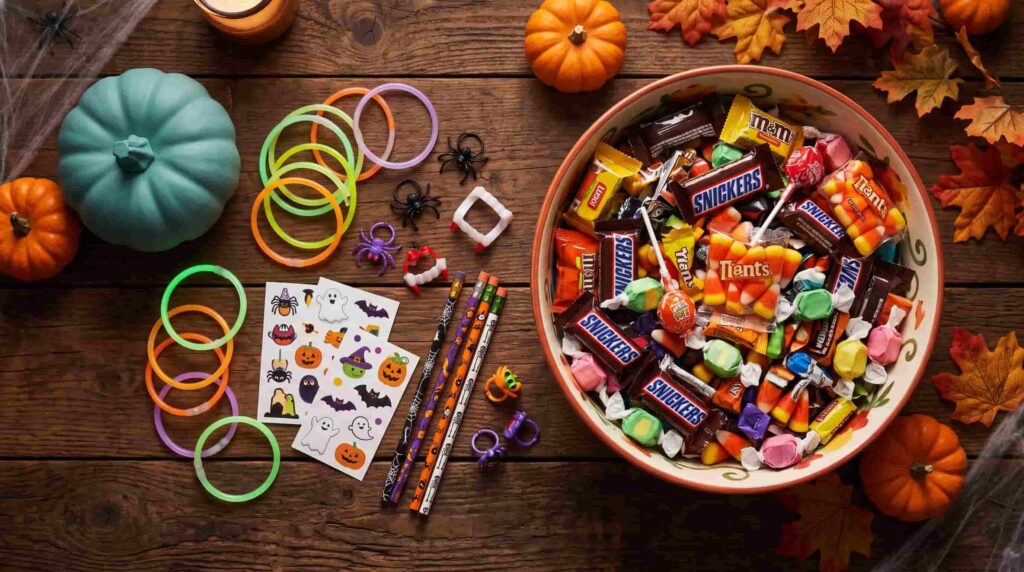 Bowl of Halloween candy with a blue pumpkin filled with pencils, stickers, and bracelets